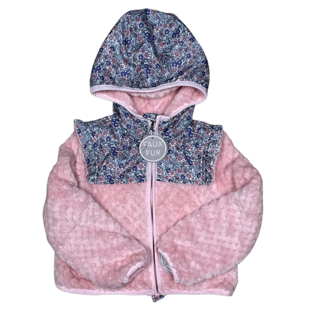 BeAlls Rose Pink Faux Fur Ditsy Floral Hooded Jacket Girls Size 3T